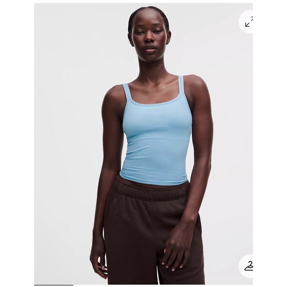 Lululemon Ebb to Street Tank Top Size 12 Light Blue Ribbed Bra scoop neck